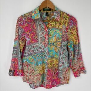 LAUREN RALPH LAUREN Petite M Button Down Top M Colorful Paisley Patchwork Boho